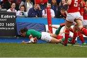 11 March 2017; Hannah Tyrrell of Ireland scores a try during the RBS Women's Six Nations Rugby Championship match between Wales and Ireland at BT Sport Arms Park, Cardiff, Wales. Photo by Darren Griffiths/Sportsfile