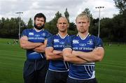 18 August 2011; Bank of Ireland are running a competition on Bluemagic.ie for the chance to be the mascot at one of the Bank of Ireland Pre-season series friendly games. In attendance at the launch of the competition are new Leinster signings, from left, Jamie Hagan, Mat Berquist and Fionn Carr. Donnybrook Stadium, Donnybrook, Dublin. Picture credit: Stephen McCarthy / SPORTSFILE