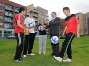 17 August 2011; Four teenagers from across Ireland packed their bags and boarded a flight to Germany today to attend the Allianz Junior football camp hosted by FC Bayern Munich in the Allianz Arena from August 17th – 21st. Over the five day football experience they will gain a unique insight into the world of elite level sport and the behind the scenes running of a world class stadium as well as honing their football skills under some of Europe’s finest football coaches. Pictured prior to their departure are competition winners, from left, Tony Browne, Derry, Aaron O'Raw, Cork, Kristen Sheeran, Mayo, and Sean Costello, Longford, with Brendan Murphy, Chief Executive, Allianz Ireland. Hilton Airport Hotel, Dublin. Picture credit: Pat Murphy / SPORTSFILE