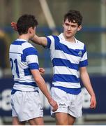 14 March 2017; Ben Brownlee, left, and Michael Moloney of Blackrock College celebrate following the Bank of Ireland Schools Junior Cup Semi-Final match between Blackrock College and Belvedere College at Donnybrook Stadium in Donnybrook, Dublin. Photo by David Fitzgerald/Sportsfile