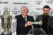 14 March 2017; FAI president Tony Fitzgerald draws the name of Greystones United, alongside hamrock Rovers director of football Stephen McPhail, during the Irish Daily Mail FAI Senior Cup Qualifying Round Draw at FAI HQ in Abbotstown, Co. Dublin. Photo by David Maher/Sportsfile