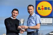 15 March 2017; Laois manager Kevin Doogue, left, is presented with the Lidl / Irish Daily Star Ladies Football Manager of the Month award for February by Tomasz Szadkowski, Deputy Store Manager, Lidl Portlaoise, at the Lidl Store in Portlaoise, Co Laois. Photo by Brendan Moran/Sportsfile