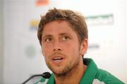 21 August 2011; Ireland captain Ronan Gormley speaking during the post-match press conference. GANT EuroHockey Nations Men's Championships 2011, Ireland v England, Warsteiner HockeyPark, Mönchengladbach, Germany. Picture credit: Diarmuid Greene / SPORTSFILE