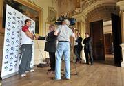22 August 2011; Ireland's Stephen Ferris is interviewed during the Ireland Rugby World Cup Team Announcement. Carton House, Maynooth, Co. Kildare. Picture credit: Brendan Moran / SPORTSFILE