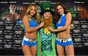 16 March 2017; Martin Clifford, from Liverpool, England, with the Top Rank Boxing ring girls Tetyana and Rachel ahead of the weigh ins at The Theater at Madison Square Garden in New York, USA. Photo by Ramsey Cardy/Sportsfile