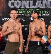16 March 2017; Michael Conlan, left, faces off with Tim Ibarra ahead of their featherweight bout at The Theater at Madison Square Garden in New York, USA. Photo by Ramsey Cardy/Sportsfile