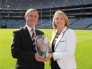 24 August 2011; Donegal’s Brian McEniff who was inducted into the MBNA Kick Fada Hall of Fame is presented with his award by Suzanne Holmes, Communications Director with MBNA, Croke Park, Dublin. Picture credit: Matt Browne / SPORTSFILE