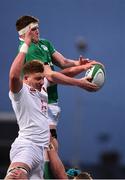17 March 2017; Oisin Dowling of Ireland takes the ball in the lineout against Nick Isiekwe of England during the RBS U20 Six Nations Rugby Championship match between Ireland and England at Donnybrook Stadium in Donnybrook, Dublin. Photo by Matt Browne/Sportsfile