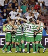 25 August 2011; Stephen O'Donnell, left, Shamrock Rovers, is congratulated by his team-mates after scoring his side's second goal, from the penalty spot. UEFA Europa League Play-off Round Second Leg, Shamrock Rovers v FK Partizan Belgrade, FK Partizan Stadium, Belgrade, Serbia. Picture credit: Srdjan Stevanovic / SPORTSFILE