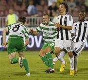 25 August 2011; Stephen O'Donnell, left, Shamrock Rovers, is congratulated by his team-mates after scoring his side's second goal, from the penalty spot. UEFA Europa League Play-off Round Second Leg, Shamrock Rovers v FK Partizan Belgrade, FK Partizan Stadium, Belgrade, Serbia. Picture credit: Srdjan Stevanovic / SPORTSFILE