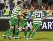 25 August 2011; Stephen O'Donnell, centre , Shamrock Rovers, is congratulated by his team-mates after scoring his side's second goal, from the penalty spot. UEFA Europa League Play-off Round Second Leg, Shamrock Rovers v FK Partizan Belgrade, FK Partizan Stadium, Belgrade, Serbia. Picture credit: Srdjan Stevanovic / SPORTSFILE