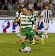 25 August 2011; Stephen O'Donnell, Shamrock Rovers, shoots to score his side's second goal, from the penalty spot. UEFA Europa League Play-off Round Second Leg, Shamrock Rovers v FK Partizan Belgrade, FK Partizan Stadium, Belgrade, Serbia. Picture credit: Srdjan Stevanovic / SPORTSFILE