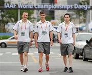 26 August 2011; Irish athletes, from left, Paul Hession, 200m, Colin Griffin, 50Km Walk, and Jason Smyth, 100m, relax near the athletes village ahead of the IAAF World Championships which begin on Saturday. IAAF World Championships Preview, Daegu, Korea. Picture credit: Stephen McCarthy / SPORTSFILE