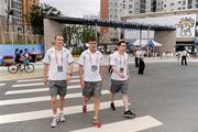 26 August 2011; Irish athletes, from left, Paul Hession, 200m, Colin Griffin, 50Km Walk, and Jason Smyth, 100m, relax near the athletes village ahead of the IAAF World Championships which begin on Saturday. IAAF World Championships Preview, Daegu, Korea. Picture credit: Stephen McCarthy / SPORTSFILE