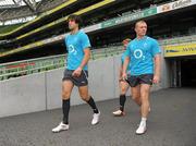 26 August 2011; Ireland players Conor Murray, left, Jerry Flannery, partially hidden, and Keith Earls, right, make their way onto the pitch for the Squad Captain's run ahead of their Rugby World Cup warm-up game against England on Saturday. Aviva Stadium, Lansdowne Road, Dublin. Picture credit: Pat Murphy / SPORTSFILE