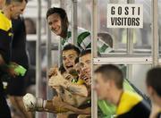 25 August 2011; Shamrock Rovers players, left to right, Gary Twigg, Richard Brush, Billy Dennehy, and Gary McCabe, celebrate near the end of the game. UEFA Europa League Play-off Round Second Leg, Shamrock Rovers v FK Partizan Belgrade, FK Partizan Stadium, Belgrade, Serbia. Picture credit: Srdjan Stevanovic / SPORTSFILE