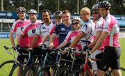 29 August 2011; Leinster players, from left to right, Isa Nacewa, Andrew Conway and Fionn Carr, with cyclists, from left, John Inglis, Eamonn Carney, Lana Weldon, Leah McNulty, Steve Burke and John Trevor McVeagh, at the announcement of the 22nd annual Welcome Home Wexford Cycle, which takes place on Saturday 24th September 2011. Welcome Home is one of Leinster Rugby's official charities and all money raised is used to support the work of The Peter McVerry Trust with young homeless people in Dublin. Donnybrook Stadium, Dublin. Picture credit: Ray McManus / SPORTSFILE