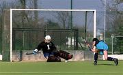 6 April 2002; Loreto goalkeeper Louisa Healy saves the final Hermes penalty to win the game during the Sharwood's Irish Senior Cup Final match between Hermes and Loreto at UCD in Dublin. Photo by Pat Murphy/Sportsfile