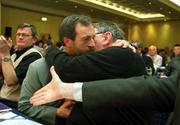 13 April 2002; Seán Kelly is congratulated by Kerry Central Council Delgate Gerald McKenna after he was announced as GAA President elect on day two of the GAA Annual Congress at the Burlington Hotel in Dublin. Photo by Ray McManus/Sportsfile