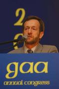 13 April 2002; GAA President elect Seán Kelly speaking during day two of the GAA Annual Congress at the Burlington Hotel in Dublin. Photo by Ray McManus/Sportsfile