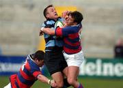 13 April 2002; Andrew Thompson of Shannon is tackled by James Downey, left, and Alan Reddan of Clontarf during the AIB All Ireland League Division 1 Semi-Final match between Shannon and Clontarf at Thomond Park in Limerick. Photo by Matt Browne/Sportsfile