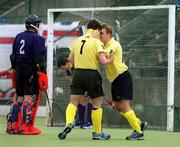 13 April 2002; Chris Barnes of Instonians, celebrates with teammate Clarke Kennedy, right, after scoring his side's second goal, in front of Pembroke Wanderers goalkeeper Stephen Doran during the Irish Senior Men's Cup Final match between  Instonians and Pembroke Wanderers at UCD in Dublin. Photo by Pat Murphy/Sportsfile