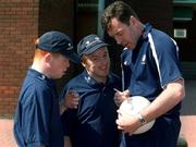 15 April 2002; Ireland legend Packie Bonner officially launched Special Olympics European Football Week, supported by the FAI and Irish Football Association. Packie is pictured at the launch with special athletes Robert Coone, left, and Mark Tierney, both from Firhouse in Dublin. Photo by Ray McManus/Sportsfile
