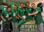 30 August 2011; Republic of Ireland players, Liam Lawrence and Stephen Kelly pictured with, from left, Calvin Green, age 15, Sean McGowan, age 16, and John Bolger, age 15, all from Inchicore, at a surprise Three Trade In visit to Champion, Jervis Street. Three is asking Irish fans to Go Green With Pride and trade in their old Republic of Ireland football jerseys in any Champion store nationwide and get €20 off the new home jersey. The traded in jerseys will be donated to Friends In Ireland, a charity founded by Marian Finucane. The scheme will run until September 30th. Champion Sports, Jervis Centre, Dublin. Picture credit: Brian Lawless / SPORTSFILE