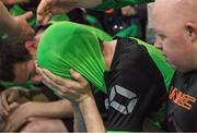 22 March 2017; Team Ireland's Lorcan Byrne, a member of Stewartscare Special Olympics Club, from Ballyfermot, Dublin, who scored a brilliant goal during the game, is comforted by supporters after Team Ireland were beated 3 - 2 against Cote d'Ivoire during a quarter final in the Floorball Competition at the Floorball quarter final game Ireland '2' v Cote d'Ivoire at the 2017 Special Olympics World Winter Games in the Messe Graz Center, Graz, Austria. Photo by Ray McManus/Sportsfile