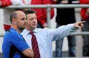 31 August 2011; Sligo Rovers manager Paul Cook, left, and Monaghan United manager Roddy Collins in conversation before the game. FAI Ford Cup 4th Round Replay, Monaghan United  v Sligo Rovers, Gortakeegan, Co. Monaghan. Picture credit: Oliver McVeigh / SPORTSFILE