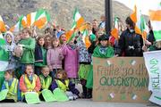 1 September 2011; Local school children show their support on the Ireland team's arrival in Queenstown Airport. Ireland Rugby Squad arrive in New Zealand for 2011 Rugby World Cup, Queenstown, New Zealand. Picture credit: Brendan Moran / SPORTSFILE