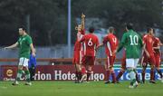 1 September 2011; Marko Futacs, Hungary, celebrates scoring his side's first goal with team-mates Ferenc, centre, and Zsolt Szokol. UEFA Under 21 European Championship 2013 Qualification, Republic of Ireland v Hungary, The Showgrounds, Sligo. Picture credit: Barry Cregg / SPORTSFILE