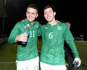 1 September 2011; Robert Brady, left, and Richard Towell, Republic of Ireland, celebrate victory after the game. UEFA Under 21 European Championship 2013 Qualification, Republic of Ireland v Hungary, The Showgrounds, Sligo. Picture credit: Barry Cregg / SPORTSFILE