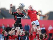 3 September 2011; Robert Sidoli, Dragons, wins possession for his side in the lineout ahead of Mick O'Driscoll, Munster. Celtic League, Munster v Dragons, Musgrave Park, Cork. Picture credit: Matt Browne / SPORTSFILE