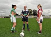 3 September 2011; Referee Liam McDonagh tosses a coin between Westmeath captain Elaine Finn, right, and Limerick captain Yvette Moynihan. TG4 All-Ireland Ladies Intermediate Football Championship Semi-Final, Westmeath v Limerick, St. Brendan's Park, Birr, Co. Offaly. Picture credit: Barry Cregg / SPORTSFILE