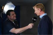 25 March 2017; Leinster head coach Leo Cullen is interviewed by Reggie Corrigan of TG4 before the Guinness PRO12 Round 18 game between Leinster and Cardiff Blues at RDS Arena in Ballsbridge, Dublin. Photo by Stephen McCarthy/Sportsfile