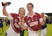 3 September 2011; Westmeath players Jenny Rogers, left, and Maud Annie Foley celebrate victory after the game. TG4 All-Ireland Ladies Intermediate Football Championship Semi-Final, Westmeath v Limerick, St. Brendan's Park, Birr, Co. Offaly. Picture credit: Barry Cregg / SPORTSFILE