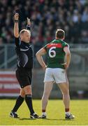 26 March 2017; Referee Conor Lane issues a black card to Lee Keegan of Mayo  during the Allianz Football League Division 1 Round 6 match between Tyrone and Mayo at Healy Park in Omagh. Photo by Oliver McVeigh/Sportsfile
