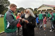 8 September 2011; Ireland flanker Jamie Heaslip in conversation with Robert Timu, a kaumatau (Maori elder) from Hawke's Bay, during a welcome ceremony ahead of their Pool C opening game against the USA on the 11th of September. Ireland Rugby Squad Welcome Ceremony - 2011 Rugby World Cup, Owae Marae Waitara, Waitara, New Zealand. Picture credit: Brendan Moran / SPORTSFILE