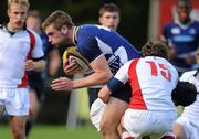 10 September 2011; Michael Mellett, Leinster, is tackled by Timothy McNiece, Ulster. Sword Security Under 19 White Interprovincial, Ulster v Leinster, Dungannon RFC, Dungannon, Co. Tyrone. Picture credit: Oliver McVeigh / SPORTSFILE