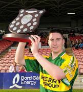 10 September 2011; Kerry captain Jason Bowler lifts the trophy. Bord Gais Energy GAA Hurling Under 21 All-Ireland 'B' Championship Final, Kerry v Westmeath, Semple Stadium, Thurles, Co. Tipperary. Picture credit: Ray McManus / SPORTSFILE