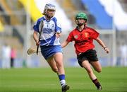 11 September 2011; Patricia Jackman, Waterford, in action against Karen Tinnelly, Down. All-Ireland Premier Junior Camogie Championship Final in association with RTE Sport, Down v Waterford, Croke Park, Dublin. Picture credit: Brian Lawless / SPORTSFILE