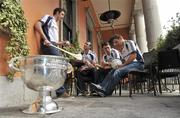 12 September 2011; Ulster Bank GAA stars with the Sam Maguire cup,  from left to right, 2011 All-Ireland medal winner Michael Fennelly, Galway footballer Joe Bergin, Galway footballer Finian Hanley, and Down footballer Danny Hughes at the 2011 ‘Off the Ball Roadshow with Ulster Bank’ finale. The Ulster Bank GAA stars were out in force, alongside a host of sporting greats, as the finale of the 2011 ‘Off the Ball Roadshow with Ulster Bank’ took over the Odeon Bar on Dublin’s Harcourt Street on Monday, 12th September. For the third year running, Ulster Bank teamed up with Newstalk 106-108 fm to take Ireland’s most popular sports programme on a tour across the country, where rival Ulster Bank GAA stars have featured in live shows in Kerry, Cork, Donegal, Limerick, Tipperary, Galway and Roscommon, throughout the summer. This year also saw the introduction of a major new club focused initiative – ‘Ulster Bank GAA Force’. The initiative was set up to support local GAA clubs across the country by giving them the opportunity to refurbish and upgrade their facilities. The Odeon Bar, Harcourt Street, Dublin. Picture credit: Barry Cregg / SPORTSFILE