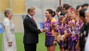 11 September 2011; An Taoiseach Enda Kenny T.D. and Joan O'Flynn, President of the Camogie Association, with Wexford captain Ursula Jacob before the game. All-Ireland Senior Camogie Championship Final in association with RTE Sport, Galway v Wexford, Croke Park, Dublin. Picture credit: Brian Lawless / SPORTSFILE