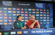 16 September 2011; Ireland defence coach Les Kiss and hooker Rory Best during a press conference ahead of their 2011 Rugby World Cup, Pool C, game against Australia on Saturday. Ireland Rugby Squad Press Conference, Eden Park, Auckland, New Zealand. Picture credit: Brendan Moran / SPORTSFILE