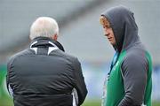 16 September 2011; Injured Ireland hooker Jerry Flannery, right, with IRFU President John Hussey during the Ireland Squad Captain's Run ahead of their 2011 Rugby World Cup, Pool C, game against Australia on Saturday. Ireland Rugby Squad Press Conference, Eden Park, Auckland, New Zealand. Picture credit: Brendan Moran / SPORTSFILE