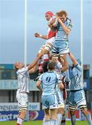 16 September 2011; Paul Tito, Cardiff Blues, wins the lineout against Dan Tuohy, Ulster. Celtic League, Ulster v Cardiff Blues, Ravenhill Park, Belfast, Co. Antrim. Photo by Sportsfile