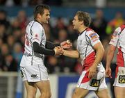 16 September 2011; Darren Cave, right, Ulster, celebrates after scoring his side's first try with team-mate Jared Payne. Celtic League, Ulster v Cardiff Blues, Ravenhill Park, Belfast, Co. Antrim. Photo by Sportsfile