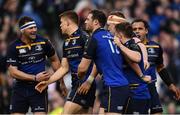 1 April 2017; Leinster's Robbie Henshaw, centre, is congratulated by team-mates, from left, Fergus McFadden, Garry Ringrose, Dan Leavy, Luke McGrath and captain Isa Nacewa after scoring a try during the European Rugby Champions Cup Quarter-Final match between Leinster and Wasps at Aviva Stadium in Dublin. Photo by Ramsey Cardy/Sportsfile