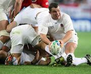 18 September 2011; England's Matt Stevens gets the ball away against Georgia. 2011 Rugby World Cup - Pool, England v Geogia, Otago Stadium, Dunedin, New Zealand. Picture credit: Dianne Manson / SPORTSFILE